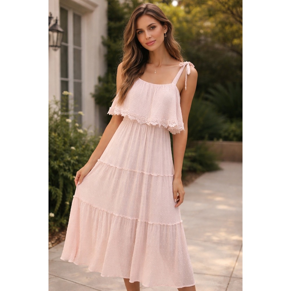 L Love Tiered Maxi Dress Lace Trim Swissâ Dot Gauzy Boho Festival M Whimsical